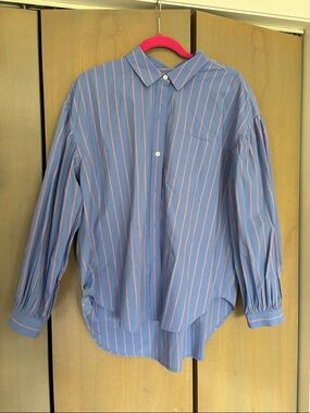 Rails Blue Shirt with Pink Stripes - women’s puff sleeve Button-Down